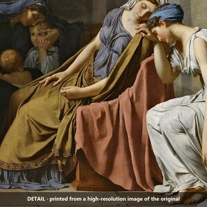 May include: An oil painting depicting several figures in classical attire. A central figure in a gold robe sits beside a figure in a white dress, while others in blue and green garments are gathered nearby. The text reads: DETAIL - printed from a high-resolution image of the original.