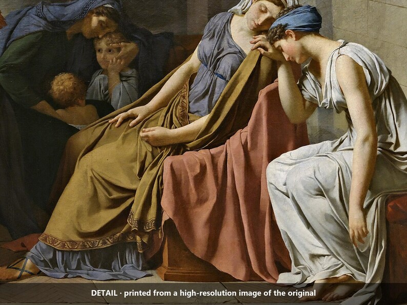 May include: An oil painting depicting several figures in classical attire. A central figure in a gold robe sits beside a figure in a white dress, while others in blue and green garments are gathered nearby. The text reads: DETAIL - printed from a high-resolution image of the original.