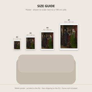 May include: A size guide for posters featuring the Arnolfini Portrait, displaying four sizes: A4 (21 x 29.7 cm), A3 (29.7 x 42 cm), A2 (42 x 59.4 cm), and A1 (59.4 x 84.1 cm), shown in relation to a 190 cm sofa for scale reference.