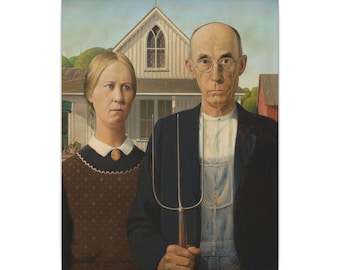 May include: An oil painting depicting a person in a brown dress with a white collar and a brooch, standing beside a person in a black jacket, blue denim overalls, and round glasses, who holds a three-pronged pitchfork in front of a house.
