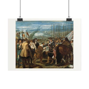 May include: A historical oil painting depicting the Surrender of Breda, showing a group of soldiers in period attire, horses, and tall pikes. One figure hands a key to another in a landscape setting with a blue sky and distant horizon.