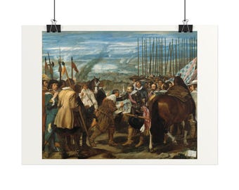May include: A historical oil painting depicting the Surrender of Breda, showing a group of soldiers in period attire, horses, and tall pikes. One figure hands a key to another in a landscape setting with a blue sky and distant horizon.