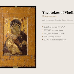 May include: A rectangular wall art print titled Theotokos of Vladimir, featuring a religious icon of a figure holding a child in gold and dark tones. The print is mounted on a 0.75 inch pine frame with a stretched canvas weight of 333 g/m&sup2;.