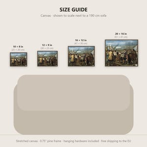 Puede incluir: Una gu&iacute;a de tama&ntilde;os para impresiones en lienzo con cuatro pinturas hist&oacute;ricas enmarcadas de diversas dimensiones: 25x20 cm, 30x23 cm, 41x30 cm y 51x41 cm. Las impresiones se muestran sobre un sof&aacute; de 190 cm para comparar la escala.