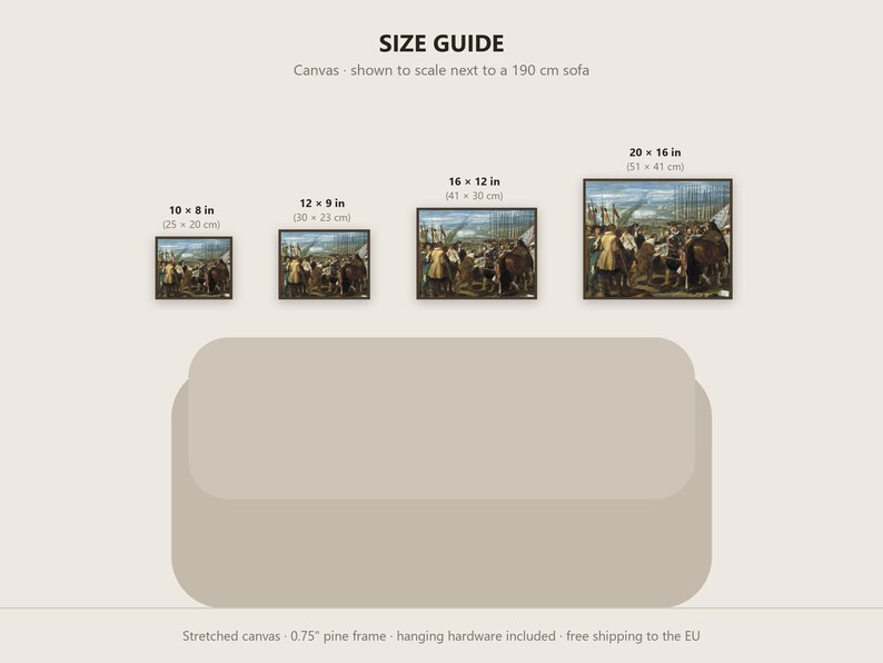Puede incluir: Una gu&iacute;a de tama&ntilde;os para impresiones en lienzo con cuatro pinturas hist&oacute;ricas enmarcadas de diversas dimensiones: 25x20 cm, 30x23 cm, 41x30 cm y 51x41 cm. Las impresiones se muestran sobre un sof&aacute; de 190 cm para comparar la escala.