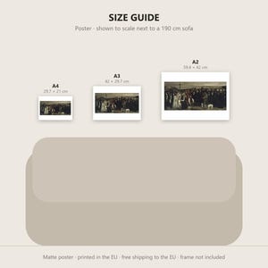 May include: A size guide graphic displaying three rectangular posters in A4, A3, and A2 sizes, labeled with dimensions 29.7 x 21 cm, 42 x 29.7 cm, and 59.4 x 42 cm. The posters are positioned above a beige sofa illustration, showing scale.