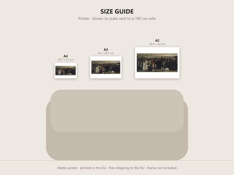 May include: A size guide graphic displaying three rectangular posters in A4, A3, and A2 sizes, labeled with dimensions 29.7 x 21 cm, 42 x 29.7 cm, and 59.4 x 42 cm. The posters are positioned above a beige sofa illustration, showing scale.