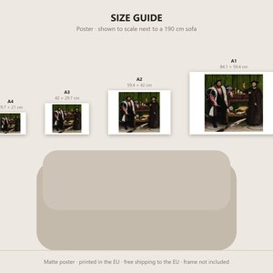 May include: A size guide for a poster featuring the painting The Ambassadors by Hans Holbein the Younger. It displays four sizes: A4 (29.7 x 21 cm), A3 (42 x 29.7 cm), A2 (59.4 x 42 cm), and A1 (84.1 x 59.4 cm) positioned above a 190 cm sofa.