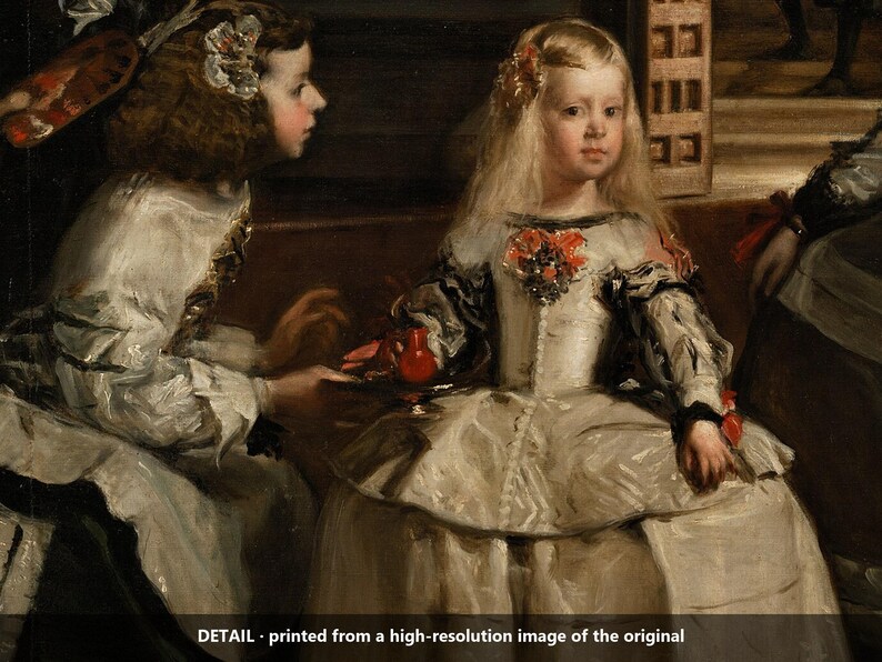 May include: A painting detail featuring two figures in white dresses with dark accents. The central figure has long blonde hair and a red floral ornament on the bodice, while the figure on the left has dark hair and a white hair accessory.