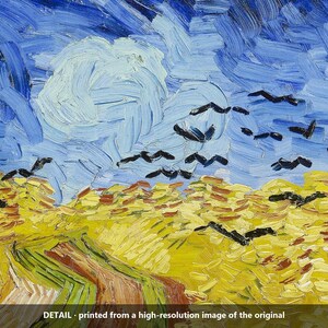 May include: An oil painting reproduction featuring a vibrant yellow wheat field under a swirling blue sky with thick, textured brushstrokes. A brown dirt path winds through the field, and black birds are scattered across the sky.