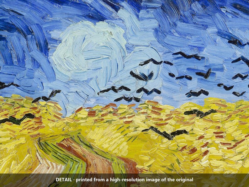May include: An oil painting reproduction featuring a vibrant yellow wheat field under a swirling blue sky with thick, textured brushstrokes. A brown dirt path winds through the field, and black birds are scattered across the sky.