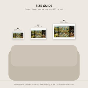 May include: A size guide for posters featuring three rectangular prints labeled A4, A3, and A2 with dimensions 29.7 x 21 cm, 42 x 29.7 cm, and 59.4 x 42 cm respectively. The prints are displayed above a 190 cm sofa illustration.