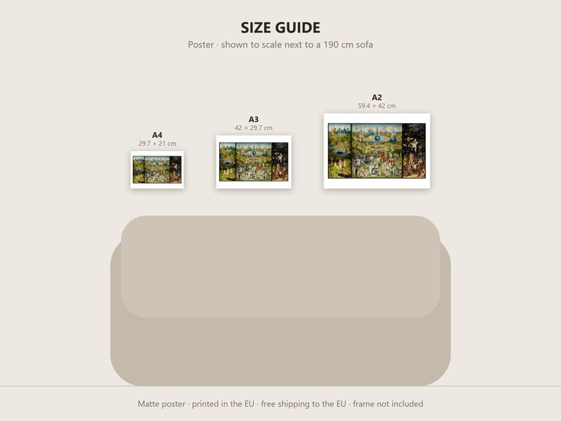 May include: A size guide for posters featuring three rectangular prints labeled A4, A3, and A2 with dimensions 29.7 x 21 cm, 42 x 29.7 cm, and 59.4 x 42 cm respectively. The prints are displayed above a 190 cm sofa illustration.