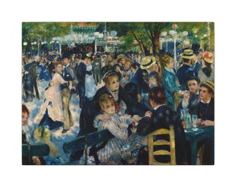 May include: An oil painting depicting a crowded outdoor dance scene with people in 19th-century attire. Figures are gathered at tables and dancing under trees with hanging lanterns. The color palette features blues, pinks, and greens with dappled light.