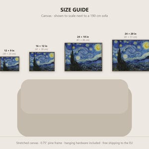 May include: A size guide for canvas prints featuring Vincent van Gogh's The Starry Night. Four rectangular prints are displayed in sizes 12x9, 16x12, 24x18, and 24x20 inches, shown to scale above a 190 cm sofa illustration.
