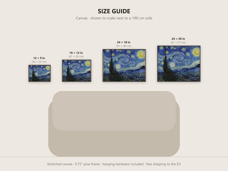May include: A size guide for canvas prints featuring Vincent van Gogh's The Starry Night. Four rectangular prints are displayed in sizes 12x9, 16x12, 24x18, and 24x20 inches, shown to scale above a 190 cm sofa illustration.
