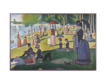 May include: A pointillist painting depicting a park scene along a river with numerous figures in period attire, including people with parasols, a man in a top hat, a woman in a bustle dress, a black dog, and sailboats on the water.