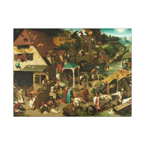 May include: A detailed oil painting depicting a bustling village scene with numerous figures engaged in various activities, including a large house with a tiled roof, a stone bridge, and a river landscape under a bright sky.