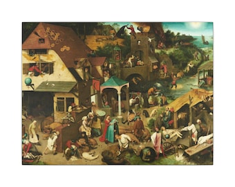 May include: A detailed oil painting depicting a bustling village scene with numerous figures engaged in various activities, including a large house with a tiled roof, a stone bridge, and a river landscape under a bright sky.