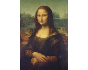 May include: An oil painting depicting a person with long dark brown hair, wearing a dark dress with a low neckline. The figure is seated with hands folded in front, set against a landscape background featuring mountains and a winding path.