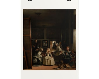 Puede incluir: Una lámina artística enmarcada de Las Meninas de Diego Velázquez, que muestra a una joven con vestido blanco rodeada de acompañantes, un perro y un pintor en una habitación oscura con varias pinturas enmarcadas.