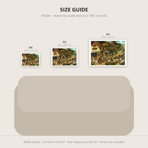 May include: A size guide graphic displaying three rectangular posters in A4, A3, and A2 sizes, with dimensions 29.7 x 21 cm, 42 x 29.7 cm, and 59.4 x 42 cm respectively, shown above a beige sofa silhouette for scale reference.