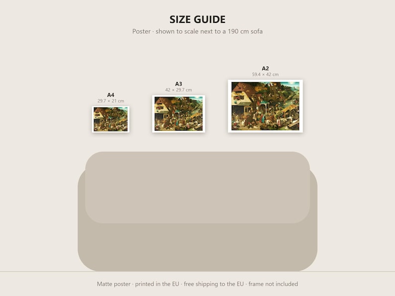 May include: A size guide graphic displaying three rectangular posters in A4, A3, and A2 sizes, with dimensions 29.7 x 21 cm, 42 x 29.7 cm, and 59.4 x 42 cm respectively, shown above a beige sofa silhouette for scale reference.