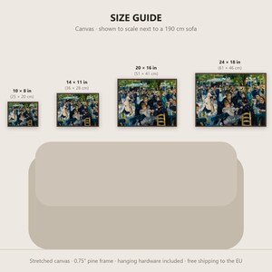 May include: A size guide for a canvas print featuring Renoir's Bal du moulin de la Galette. Four sizes are shown: 10x8 inches, 14x11 inches, 20x16 inches, and 24x18 inches, displayed above a 190 cm sofa illustration for scale reference.