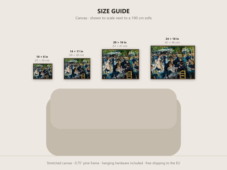 May include: A size guide for a canvas print featuring Renoir's Bal du moulin de la Galette. Four sizes are shown: 10x8 inches, 14x11 inches, 20x16 inches, and 24x18 inches, displayed above a 190 cm sofa illustration for scale reference.