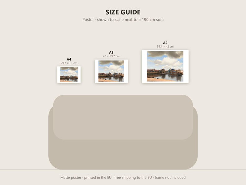 May include: A size guide for a landscape-oriented art print featuring a cityscape painting. The guide displays three rectangular posters in A4, A3, and A2 sizes, positioned above a beige sofa illustration. Text includes SIZE GUIDE.