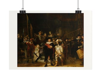 May include: A reproduction of Rembrandt's The Night Watch, an oil painting depicting a group of figures in 17th-century attire, including a central captain in black and a lieutenant in yellow, surrounded by soldiers with spears and a drum.