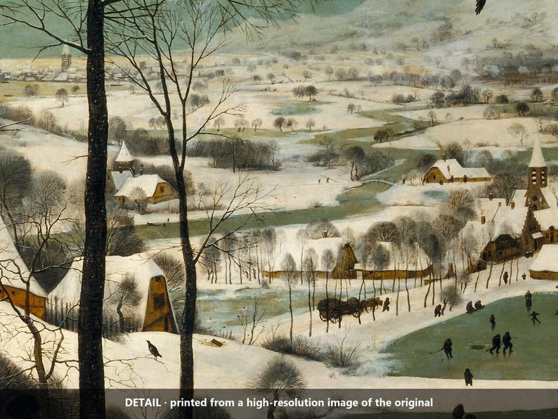 May include: A winter landscape painting featuring snow-covered fields, a winding river, and a village with houses and a church. Bare trees stand in the foreground, while small figures skate on ice. Text at the bottom reads: DETAIL - printed from a high-resolution image of the original.