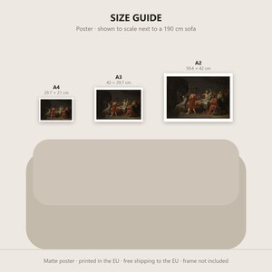 May include: A size guide for a poster featuring a classical painting, displaying A4 (29.7 x 21 cm), A3 (42 x 29.7 cm), and A2 (59.4 x 42 cm) dimensions. The graphic shows the relative scale of these prints positioned above a 190 cm sofa.