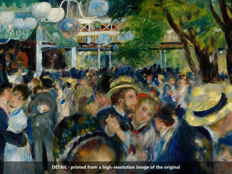 May include: An oil painting depicting a crowded outdoor dance scene with figures in period clothing, including straw hats and dresses, under green trees and a structure with white lanterns. The text DETAIL - printed from a high-resolution image of the original is at the bottom.