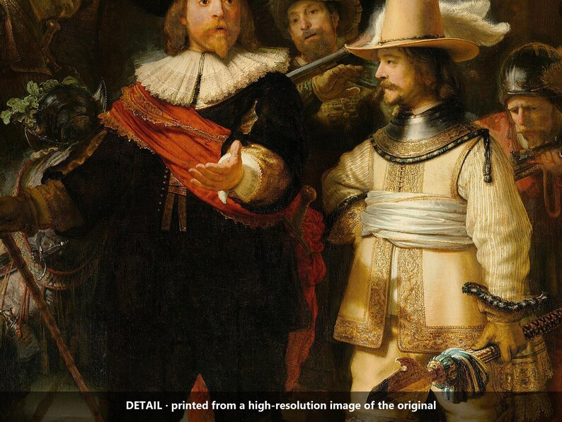May include: An oil painting detail featuring two central figures in 17th-century attire. One figure wears a black coat with a white ruff and a red sash, while the other wears a light-colored doublet, a wide-brimmed hat with a feather, and a gorget.