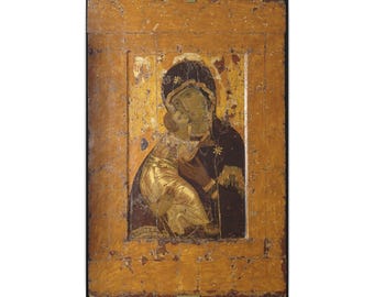 May include: A rectangular wooden icon featuring a painted depiction of a figure holding a child. The artwork displays a distressed, aged surface with gold-toned accents, dark brown robes, and visible wear, framed by a simple black border.