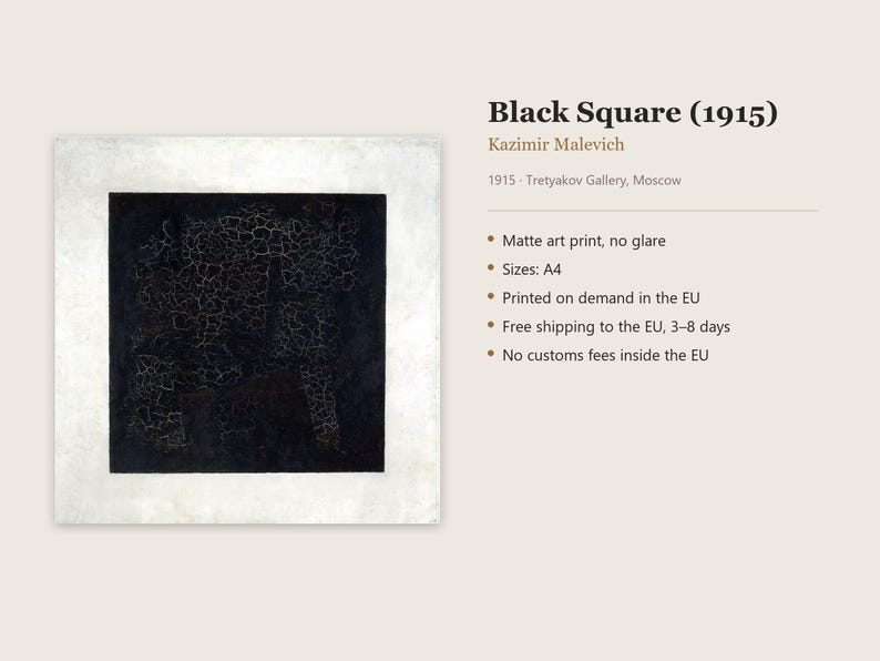 Pu&ograve; includere: Una stampa d'arte opaca del Quadrato nero (1915) di Kazimir Malevič, caratterizzata da un quadrato nero centrale con una texture screpolata visibile circondato da un bordo bianco. Il testo include titolo, artista, anno e luogo.