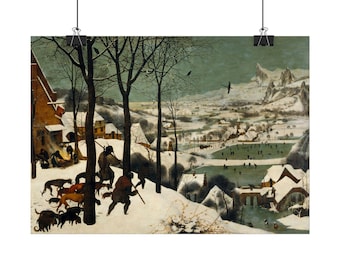 Puede incluir: Una reproducción del cuadro Los cazadores en la nieve de Pieter Bruegel el Viejo, que muestra un paisaje invernal con cazadores y perros en primer plano, casas cubiertas de nieve y personas patinando en un estanque helado.