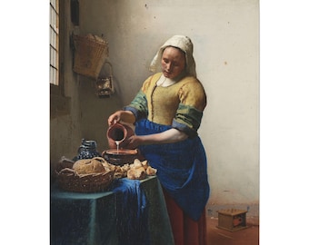 May include: An oil painting depicting a person wearing a white cap, yellow bodice, and blue apron, pouring milk from a brown ceramic pitcher into a bowl. A basket of bread sits on a green cloth-covered table with other ceramic vessels.