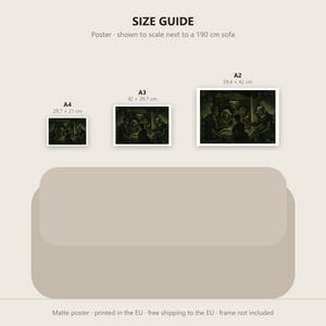 May include: A size guide graphic for posters featuring three rectangular prints labeled A4, A3, and A2 with dimensions 29.7 x 21 cm, 42 x 29.7 cm, and 59.4 x 42 cm. The posters display a dark, detailed scene of people gathered around a table.