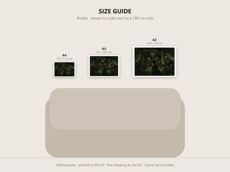 May include: A size guide graphic for posters featuring three rectangular prints labeled A4, A3, and A2 with dimensions 29.7 x 21 cm, 42 x 29.7 cm, and 59.4 x 42 cm. The posters display a dark, detailed scene of people gathered around a table.