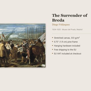 Puede incluir: Una reproducci&oacute;n de La rendici&oacute;n de Breda de Diego Vel&aacute;zquez, que muestra una escena hist&oacute;rica de soldados y un caballo sobre lienzo estirado con un marco de pino de 1,9 cm. La obra representa a un grupo de figuras con vestimenta de &eacute;poca.