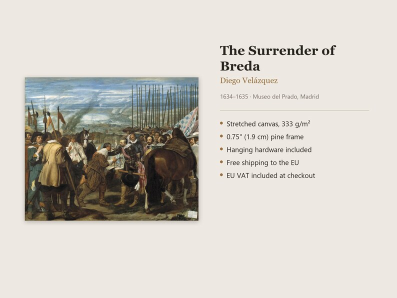 Puede incluir: Una reproducci&oacute;n de La rendici&oacute;n de Breda de Diego Vel&aacute;zquez, que muestra una escena hist&oacute;rica de soldados y un caballo sobre lienzo estirado con un marco de pino de 1,9 cm. La obra representa a un grupo de figuras con vestimenta de &eacute;poca.