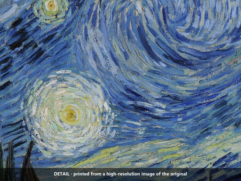 May include: An oil painting detail featuring thick, expressive brushstrokes in shades of blue, white, and yellow. A large, luminous yellow star is surrounded by swirling blue patterns. Text at the bottom reads: DETAIL - printed from a high-resolution image of the original.