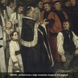 May include: An oil painting reproduction showing a group of figures in historical attire. A central figure in a black robe with white fringe stands before a kneeling person. A child in a white robe holds a metal vessel. Text reads: DETAIL - printed from a high-resolution image of the original.
