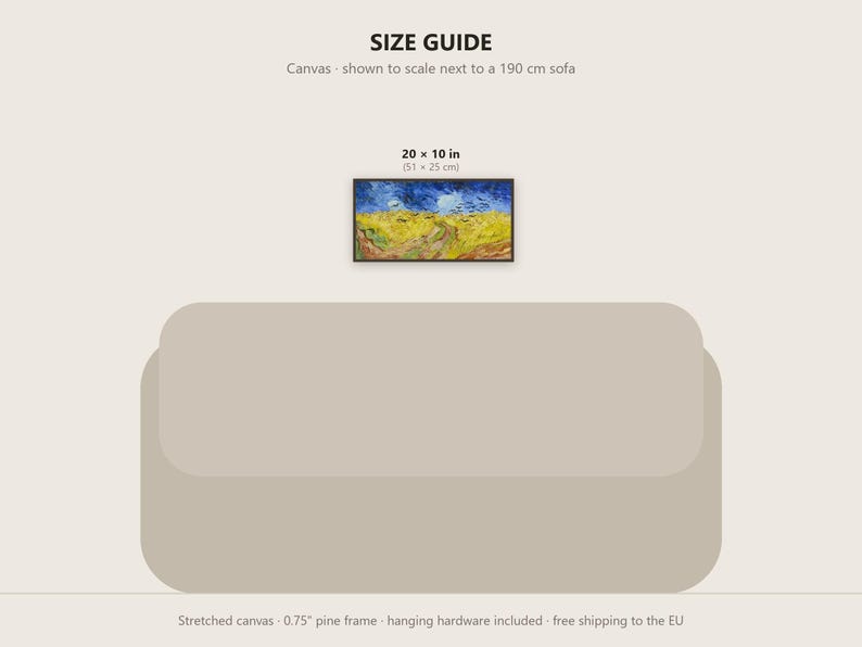 May include: A size guide graphic featuring a rectangular canvas print measuring 20 x 10 inches, displayed above a 190 cm sofa. The artwork depicts a landscape with a blue sky and yellow field. The text reads SIZE GUIDE and 20 x 10 in.