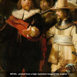 May include: An oil painting detail featuring two central figures in 17th-century attire. One wears a black coat with a white ruff and red sash, while the other wears a light-colored doublet, a wide-brimmed hat with a feather, and a metal gorget.