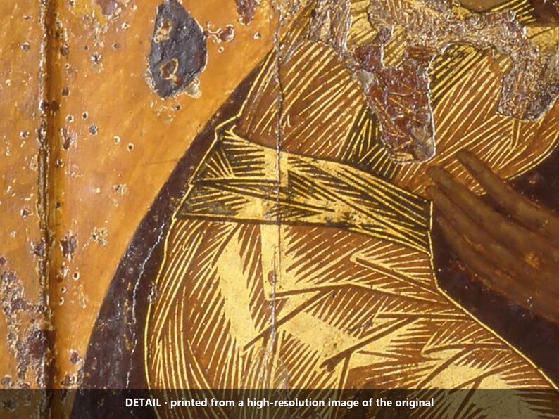 May include: A close-up detail of a religious icon painting featuring gold leaf accents and intricate line work. The image displays a weathered, textured surface with warm ochre, brown, and metallic gold tones, showing a hand and draped fabric.