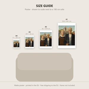 May include: A size guide for posters featuring the American Gothic painting, showing four sizes: A4 (21 x 29.7 cm), A3 (29.7 x 42 cm), A2 (42 x 59.4 cm), and A1 (59.4 x 84.1 cm), displayed in scale above a 190 cm sofa illustration.