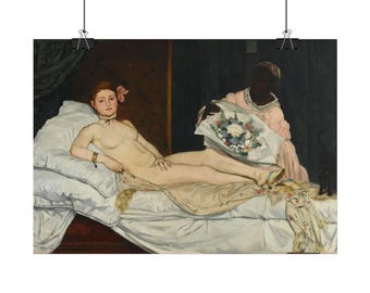 May include: A framed art print of the painting Olympia by Édouard Manet. It depicts a reclining figure on a white bed, wearing a black ribbon choker and gold bracelet, while a person in a pink dress presents a bouquet of flowers.